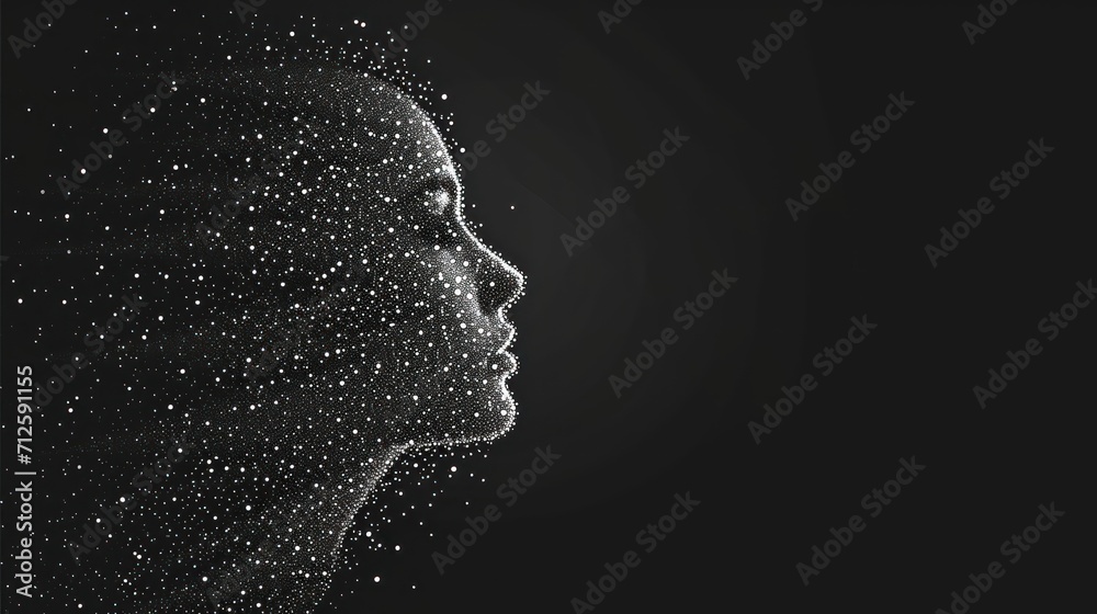  a black and white photo of a woman's face with dots coming out of the side of her face. - obrazy, fototapety, plakaty 