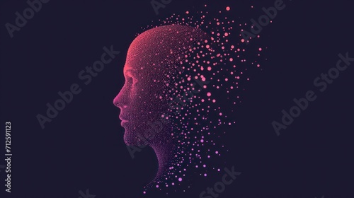  a woman's head with a lot of pink dots coming out of the side of her face on a dark background.