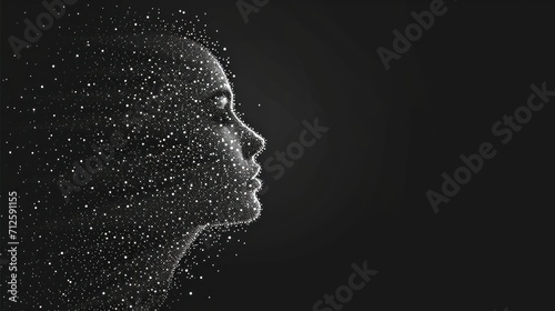  a black and white photo of a woman's face with dots coming out of the side of her face. photo