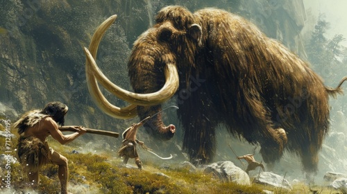 cavemen fighting a giant mammoth next to a river millions of years ago in high definition HD photo