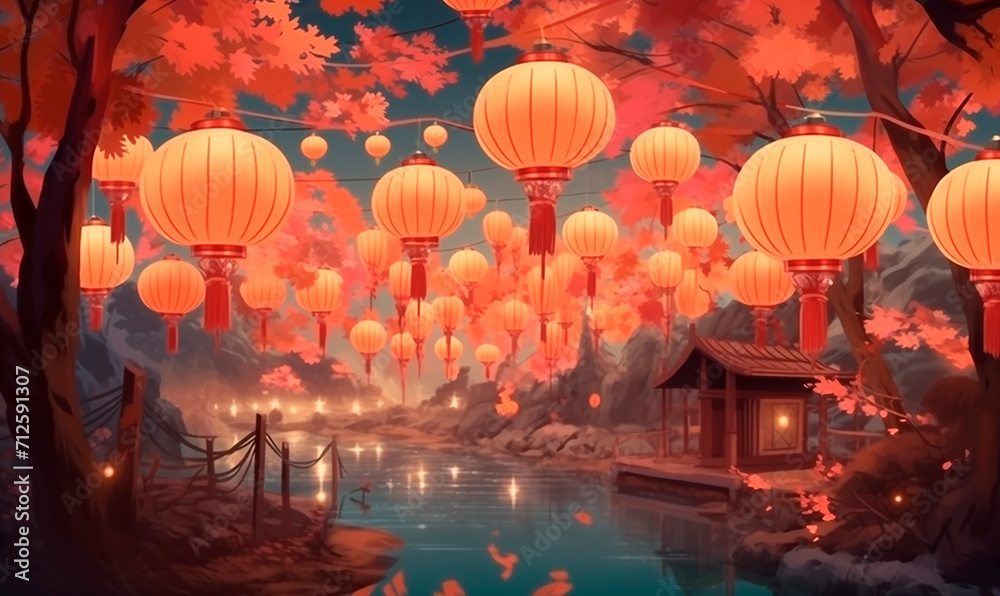 Chinese lanterns hanging over river background. Colorful 3d festive decoration in round shape made of paper with red thread tails to celebrate asian new year according to lunar calendar