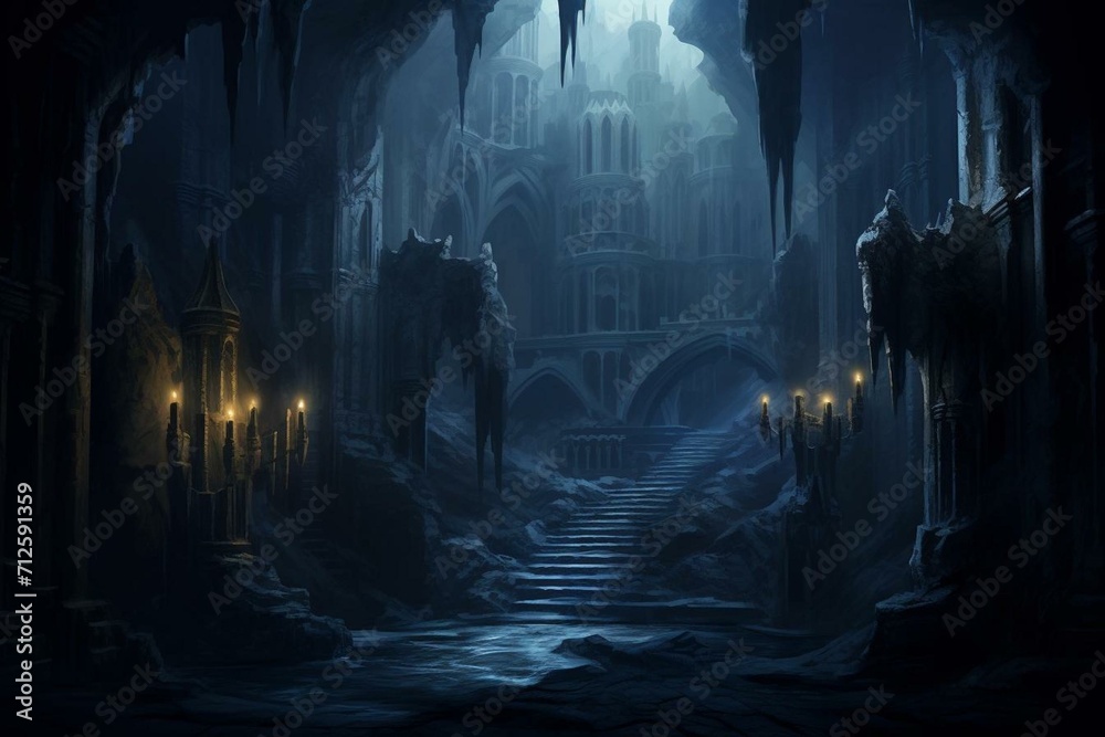 Sinister, foggy cavern with foreboding gateway into treacherous maze