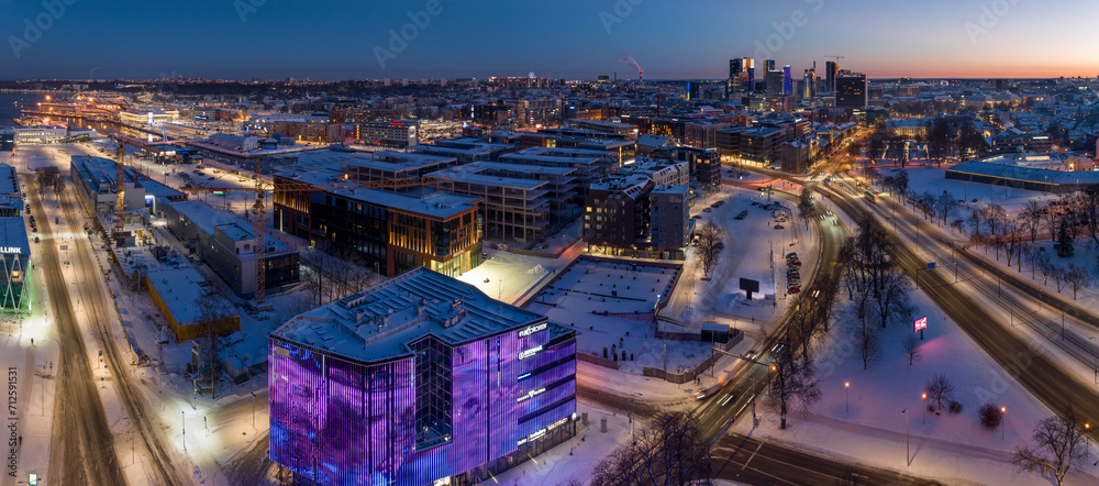 Obraz na płótnie Construction of buildings in the city center. Tallinn port. Aerial drone view w salonie
