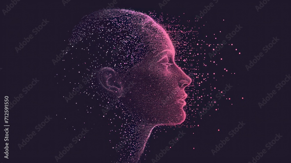  a woman's head with a lot of small dots coming out of the side of her face in pink and purple. - obrazy, fototapety, plakaty 