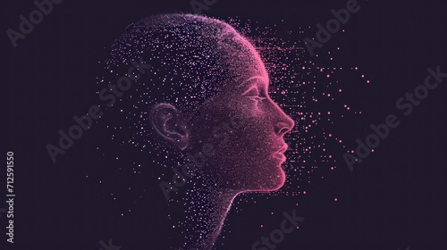  a woman's head with a lot of small dots coming out of the side of her face in pink and purple.