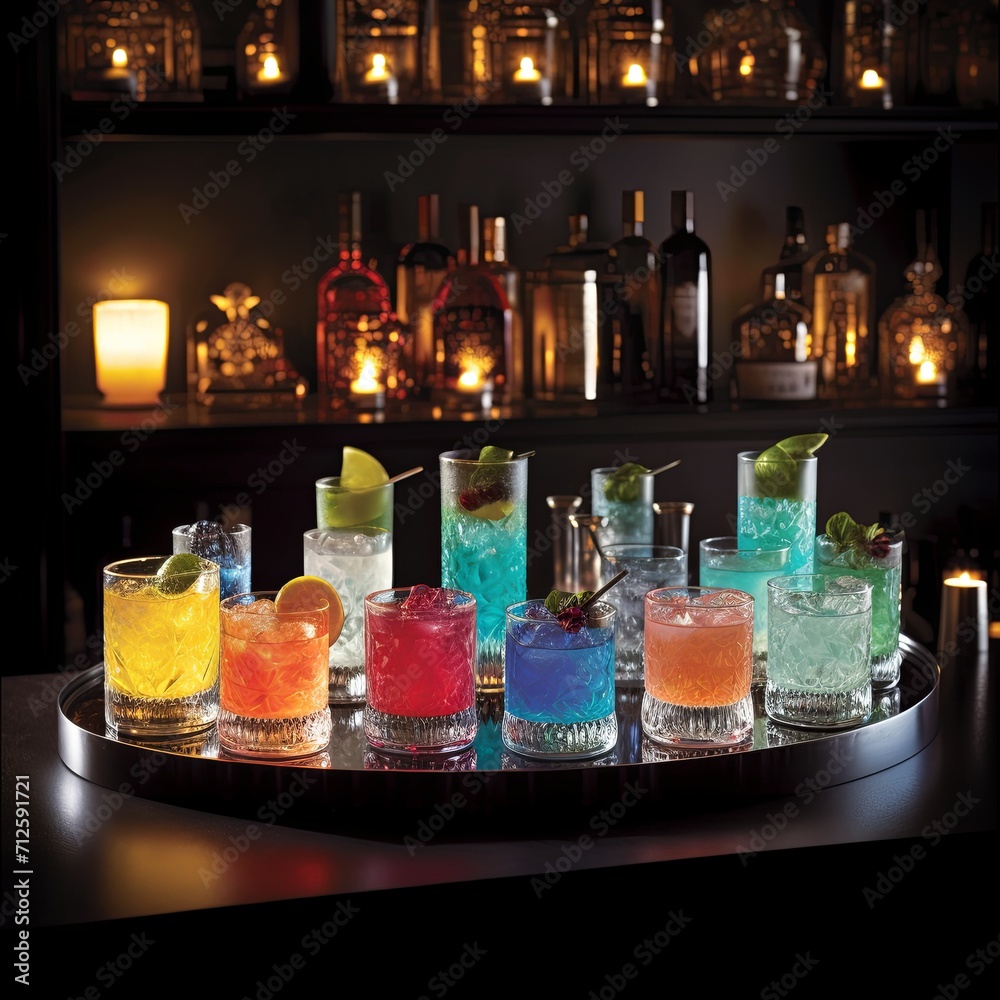 A tray filled with different colored drinks on top of a table A tray filled with different colored drinks on top of a table