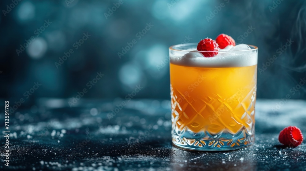  a close up of a glass with a drink and some raspberries on the rim of the glass and smoke coming out of the top of the glass.