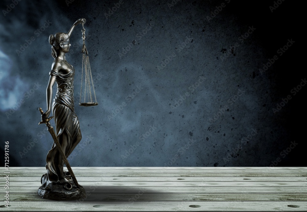 No law concept.  Bronze Statue of Justice in smoke - obrazy, fototapety, plakaty 