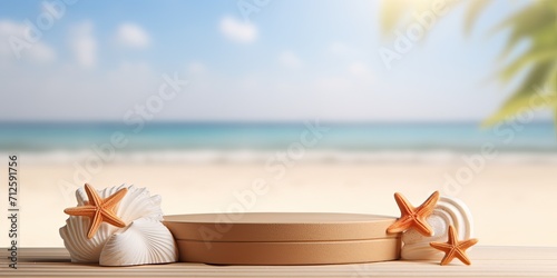 Design and showcase summer products with a wooden podium and beach background.