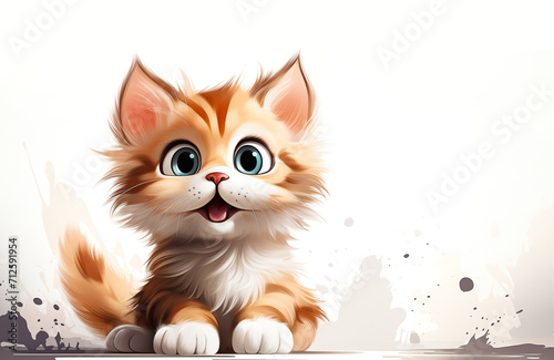 Cute kitten with big eyes made with colorful watercolor paints.
