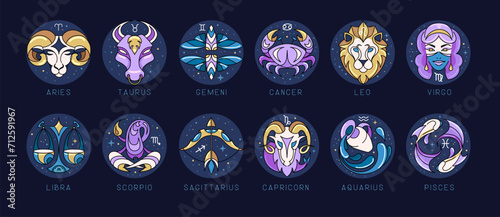 Set of modern cartoon astrology zodiac signs isolated on blue background. Set of Zodiac icons. Vector illustration