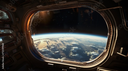 spaceship window with sunrise over planet view, space station porthole illuminator with planetary sunset view, astronomy background