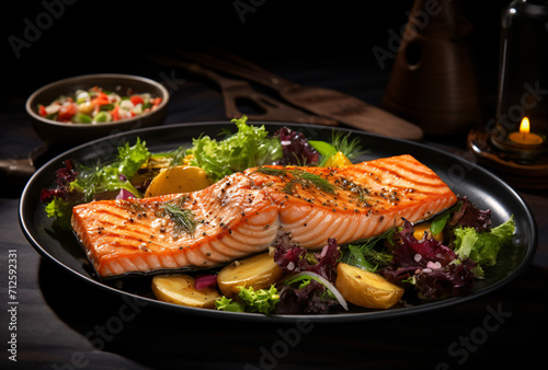 salmon cooked on a plate with potatoes and salad