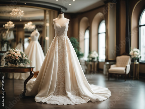 A beautiful, stylish wedding dress or bridal dress hanging on a mannequin in a luxury boutique. Fashion look. Interior of bridal salon design. photo