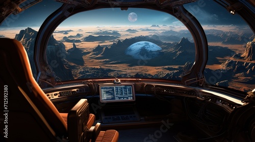 spaceship window with sunrise over planet view, space station porthole illuminator with planetary sunset view, astronomy background photo