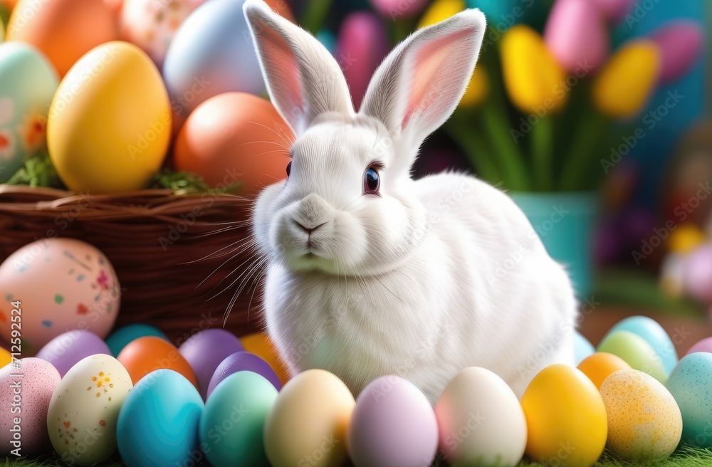Cute and funny Easter Bunny or Easter Rabbit on a decorated background of colorful Easter eggs Cute and funny Easter Bunny or Easter Rabbit on a decorated background of colorful Easter eggs