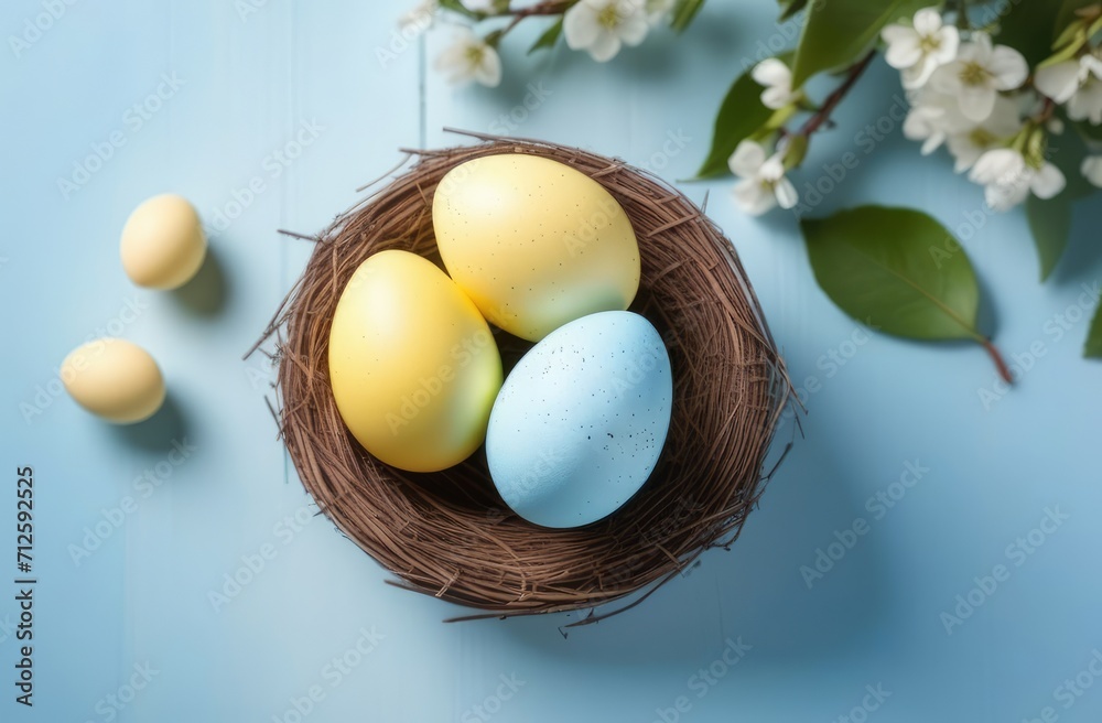 Easter Eggs with Spring Flowers on a Blue Background, Colored Holiday Egg Card Easter Eggs with Spring Flowers on a Blue Background, Colored Holiday Egg Card