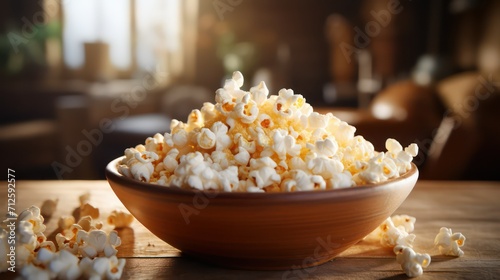 Bowl of popcorn on wooden table in cafe