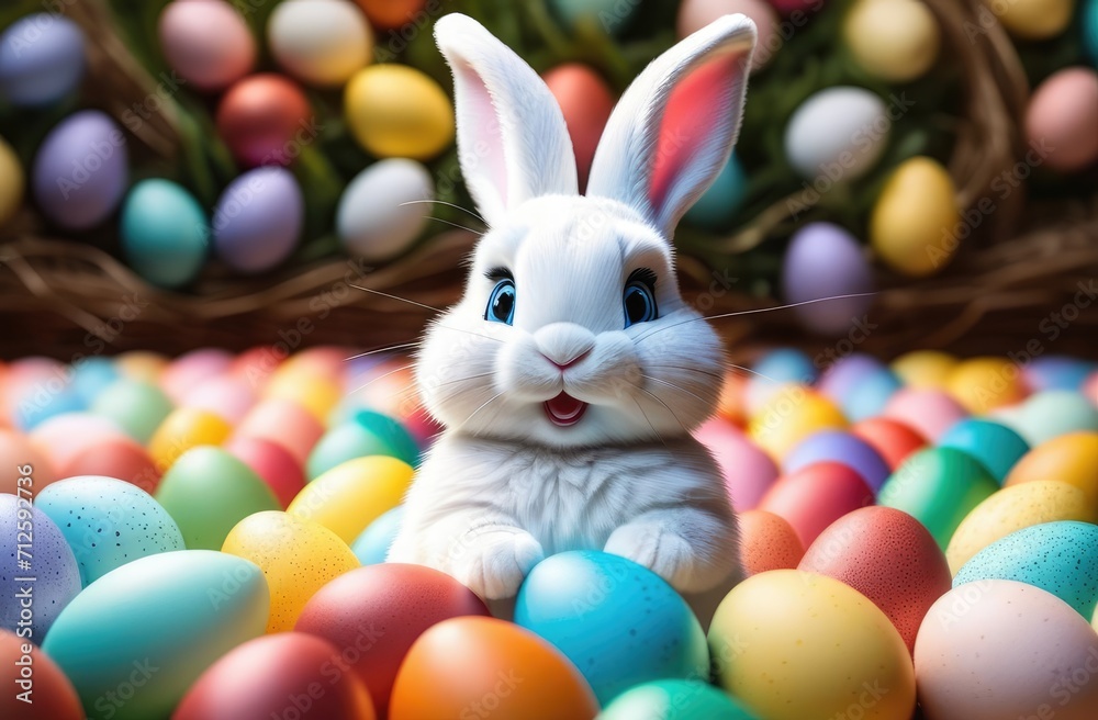 Cute and funny Easter Bunny or Easter Rabbit on a decorated background of colorful Easter eggs Cute and funny Easter Bunny or Easter Rabbit on a decorated background of colorful Easter eggs