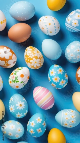 Easter Eggs on a Blue Background, Colored Holiday Egg Card