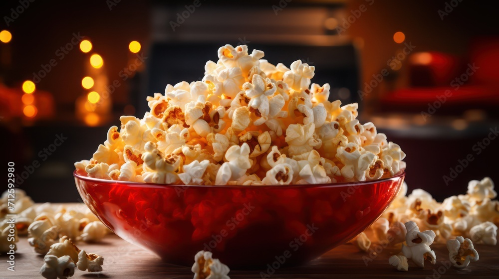 Popcorn in a glass bowl on a wooden table