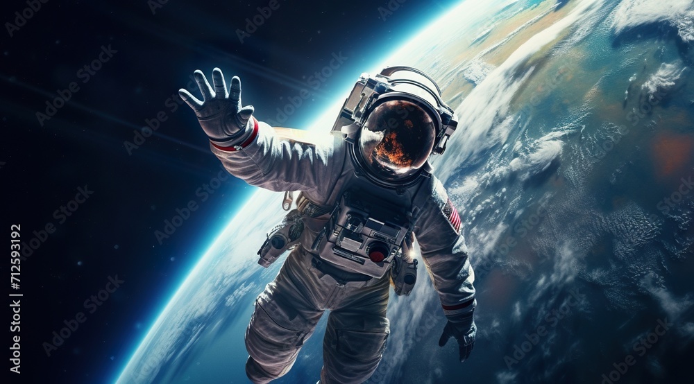 astronaut in space suit and helmet flying on orbit of far planet, cosmonaut orbiting Earth in cosmos, astronomy concept astronaut in space suit and helmet flying on orbit of far planet, cosmonaut orbiting Earth in cosmos, astronomy concept