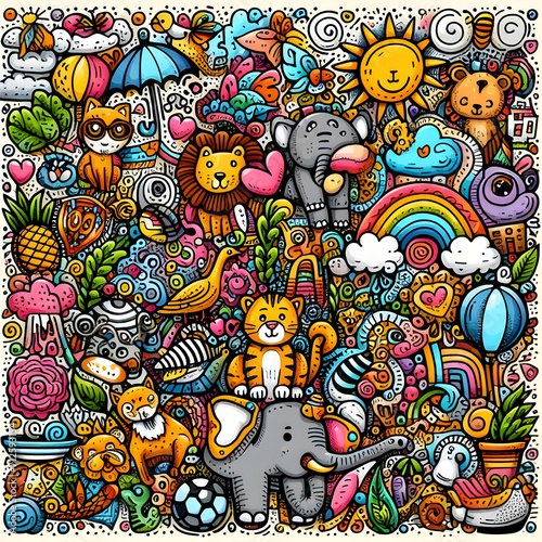 Colorful Doodle art piece with various animals and objects