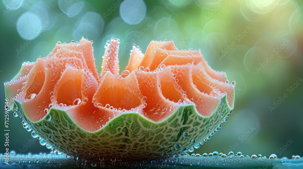 a close up of a watermelon in a bowl with drops of water on the surface of the bowl. a close up of a watermelon in a bowl with drops of water on the surface of the bowl.