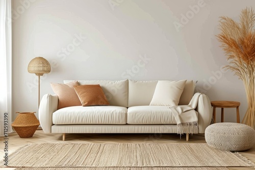 Cozy living room in a minimalist Scandinavian style with a sofa, pillows and a chair nearby and with beige walls.