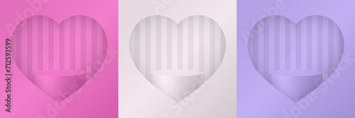 Pink, white and purple podiums. Set of backgrounds with pedestals and arched windows. Product display. Background with stripes. Heart-shaped niche or alcove. Valentine's day. Stage showcase