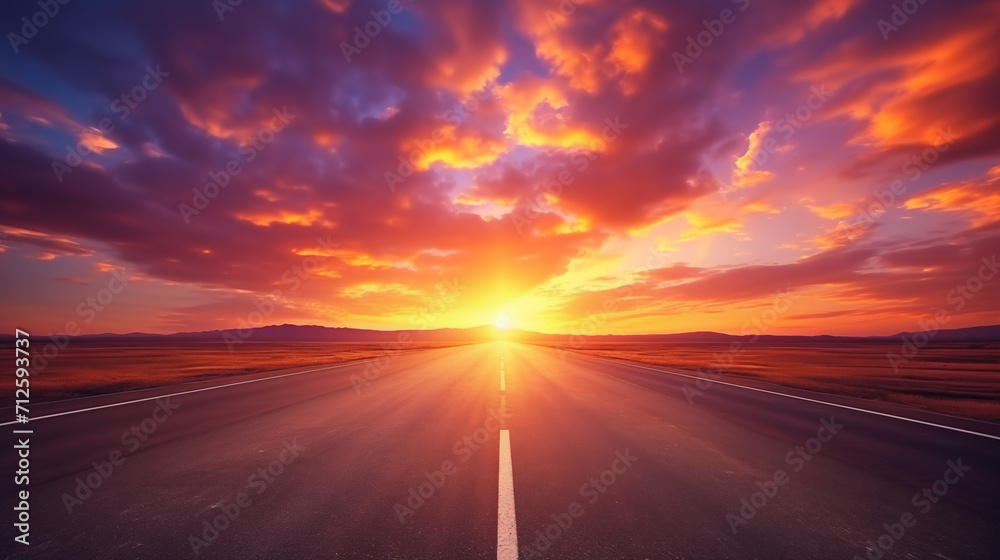 Sunset on the highway in the steppe. Landscape.