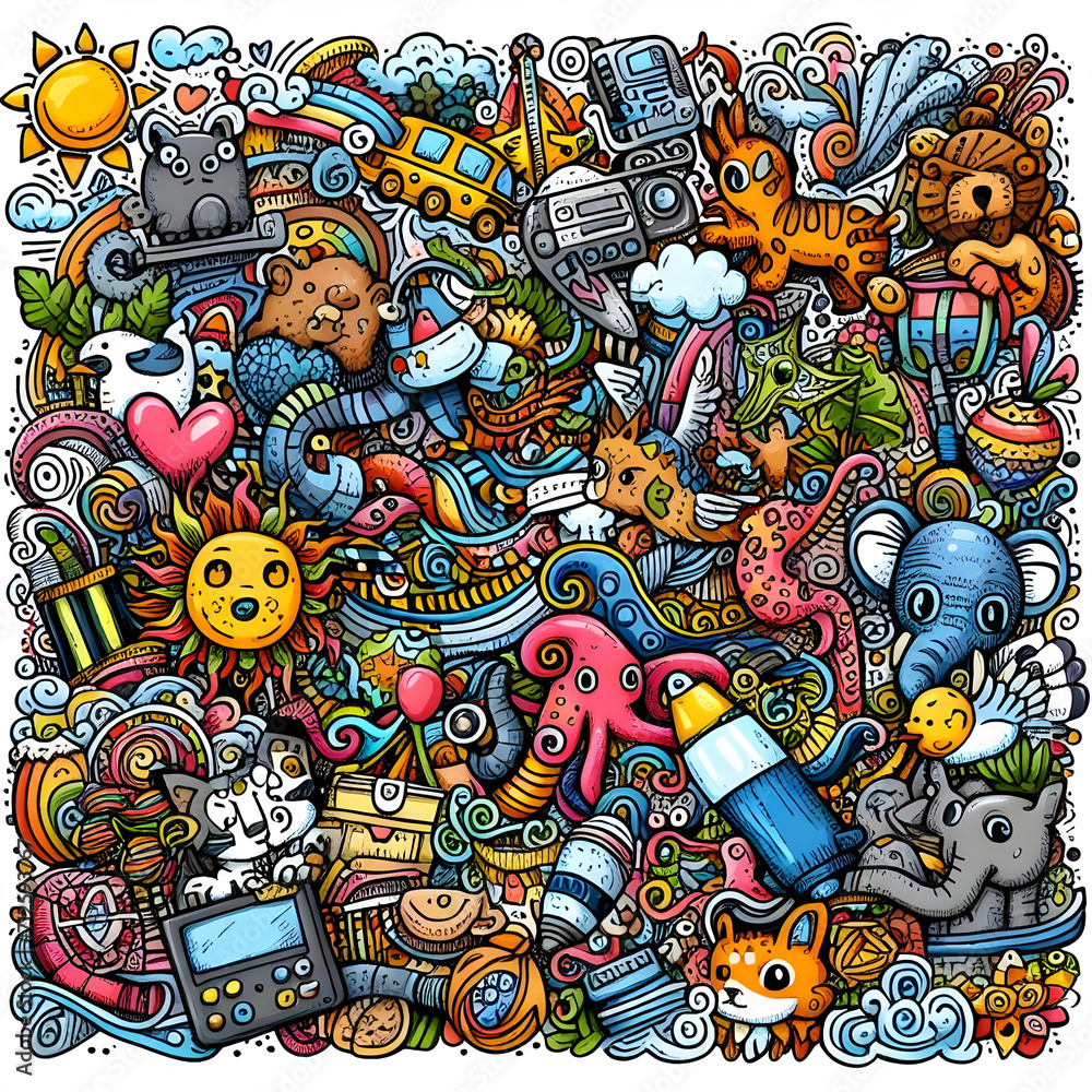 Colorful Doodle art piece with various animals and objects