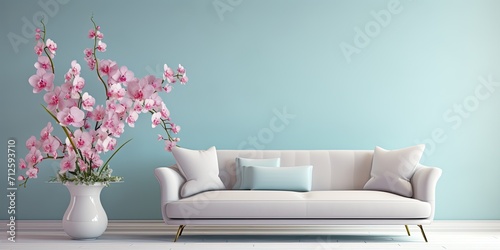 Minimalist room with classical interior, featuring a pastel blue sofa, carriage tie, and large white vase adorned with orchids.