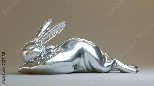  a silver sculpture of a rabbit laying on its back with its legs crossed in front of it's body. photo