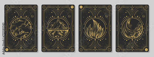 Set of Modern magic witchcraft cards with solar system and four elements. Hand drawing occult vector illustration of water, earth, fire, air elements.