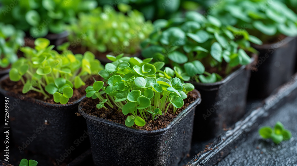 growing microgreens in pots. healthy food concept growing microgreens in pots. healthy food concept