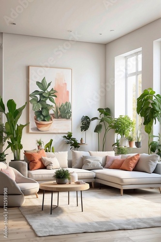 A living room with  bright spacious interior  paintings on the wall and a couple of plants