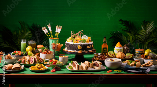 A backdrop of tropical feast with exotic fruits, refreshing drinks, bright green foliage in background of healthy eating with emphasis on fresh ingredients, tropical sentiments. Fresh Organic Products