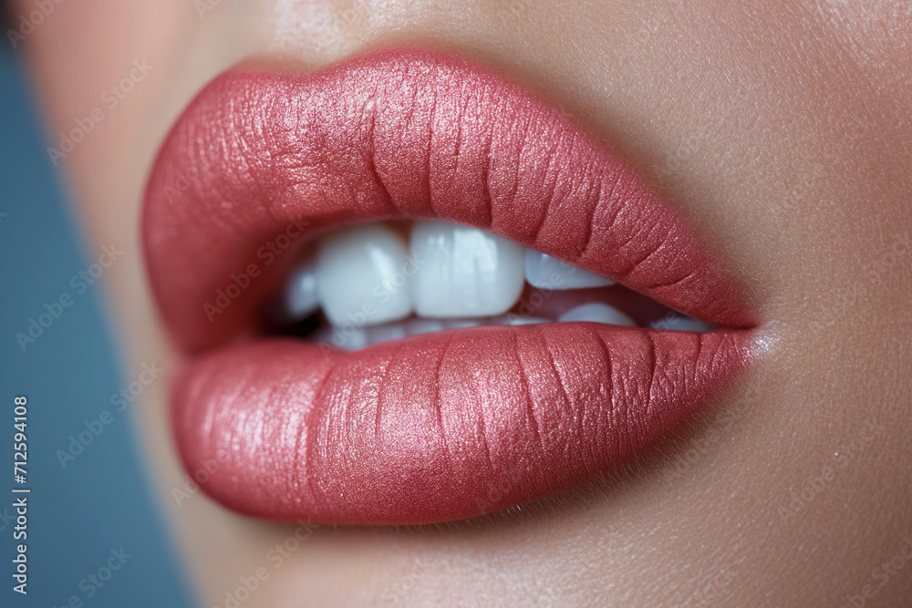 Close up macro female plump lips with pink lip gloss. Beauty portrait personal care and make up Close up macro female plump lips with pink lip gloss. Beauty portrait personal care and make up