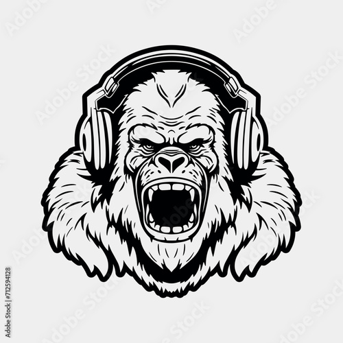 Black gorilla angry face. listens to music on headphones. vector illustration