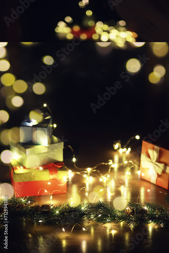 Christmas and New Year wooden background with light. Border art design with Christmas tree