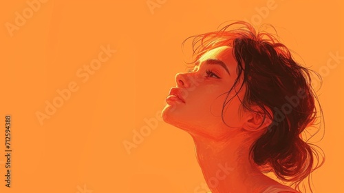 A young girl sitting and thinking. Enjoys, warm color, sunset. Copy space for text. Meditation, yoga concept. 