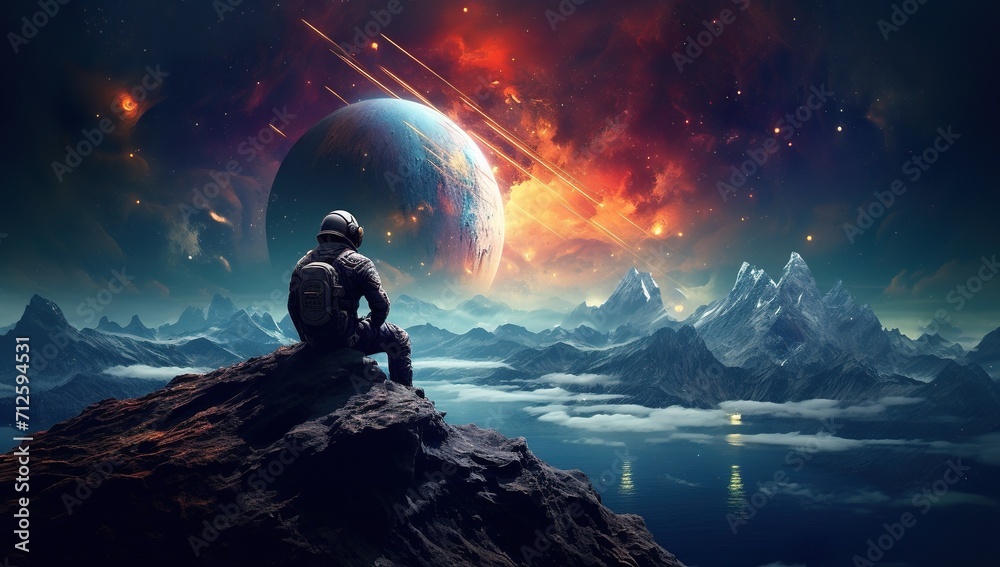 colorful illustration of astronaut in space suit and helmet exploring alien planet with mountains and stars and moons on night sky, astronomy concept  - obrazy, fototapety, plakaty 