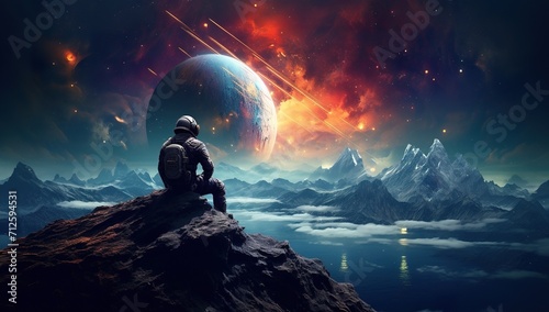 colorful illustration of astronaut in space suit and helmet exploring alien planet with mountains and stars and moons on night sky, astronomy concept 