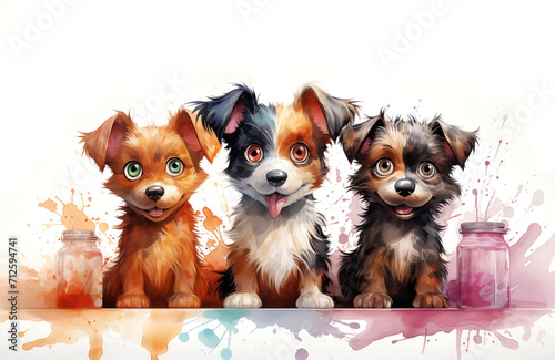Three cute doggies with big eyes made with colorful watercolor paints.