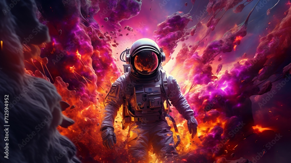 abstract illustration of astronaut floating in outer space, dreamlike cosmonaut in space suit flying on purple clouds of cosmos, astronomy concept abstract illustration of astronaut floating in outer space, dreamlike cosmonaut in space suit flying on purple clouds of cosmos, astronomy concept