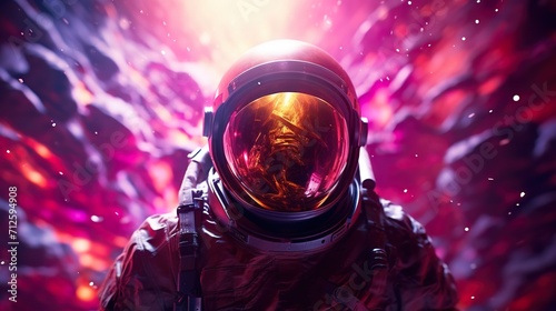 abstract illustration of astronaut floating in outer space, dreamlike cosmonaut in space suit flying on purple clouds of cosmos, astronomy concept