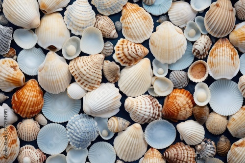Colorful seashell background, lots of mixed seashells piled together ,background of seashells