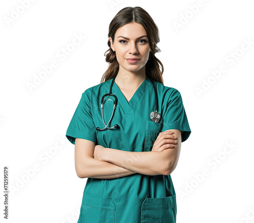 mujer joven  médico vistiendo bata verde,  portando estetoscopio,  posando con los brazos cruzados mirando a cámara, sobre fondo transparente png photo