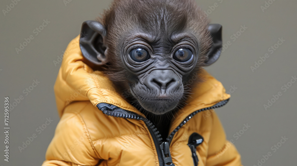 Baby monkey with striking eyes in a snug yellow jacket.